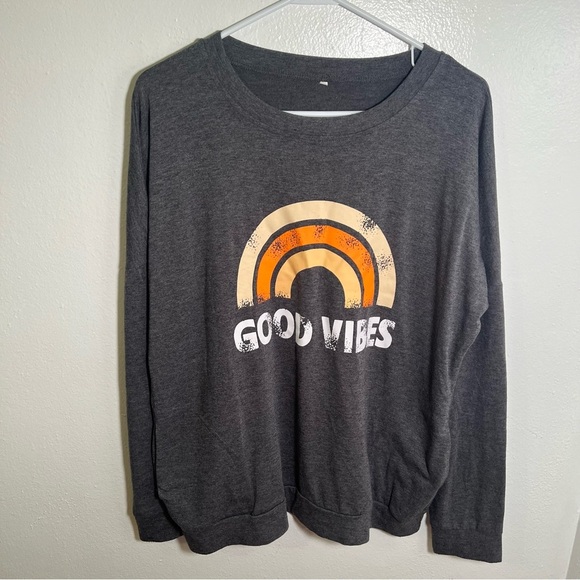 Crewneck Sweatshirt Gray Orange Rainbow Good Vibes M - Picture 3 of 12